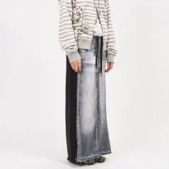 [OPEN YY] FRONT JEAN EFFECT JERSEY SKIRT _ BLACK