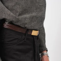 [T.T] LOT.021 BASKETWEAVE PATTERN BELT _ MUD DYED BROWN