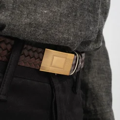[T.T] LOT.021 BASKETWEAVE PATTERN BELT _ MUD DYED BROWN